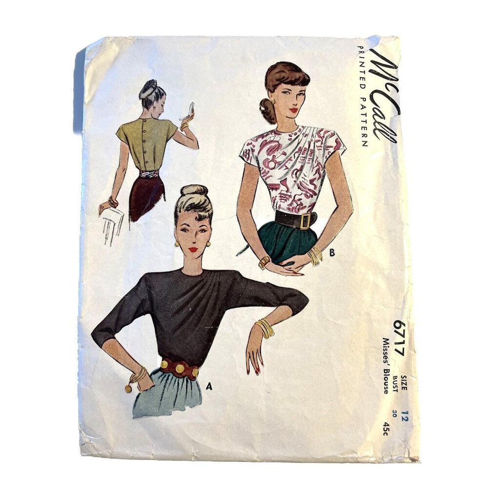 McCalls 6717 Draped Front Blouse Back Button Bust 30 1940s RARE